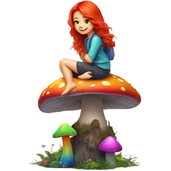 Red haired girl sat on a rainbow coloured mushroom emoji