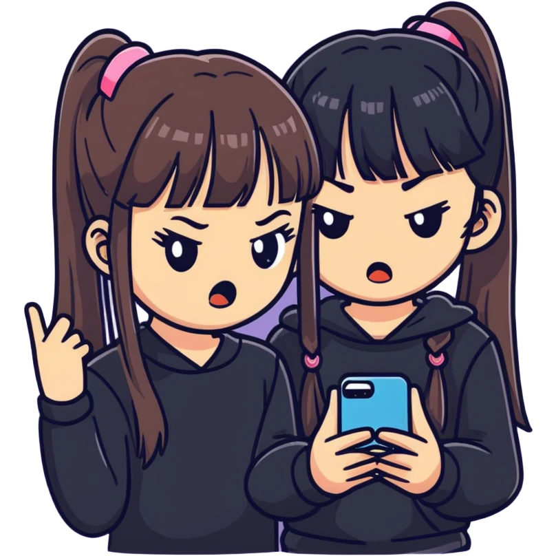 cute girl with two long ponytails and straight bangs, dark outfit, angry emoji-like face with furrowed brows and puffed cheeks, gripping smartphone, floating phone screen displaying happy couple causing jealousy, minimal, bold, expressive, pink background emoji
