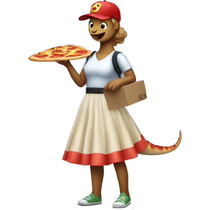 A pizza delivery dinosaur in a skirt. emoji