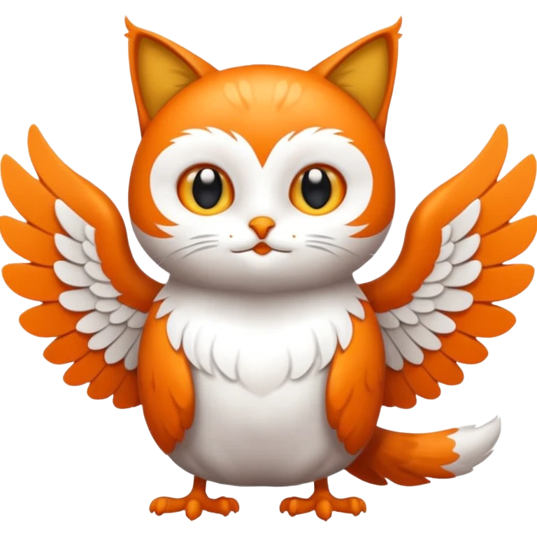 crea un gato con alas de búho con pelaje color naranja y blanco emoji