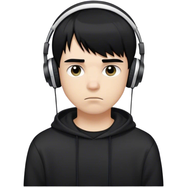 Chico joven de pelo negro lacio con un fleco emo corto desde las cejas,cejas pobladas,sudadera negra,audífonos blancos,cara triste,ojeras, emoji