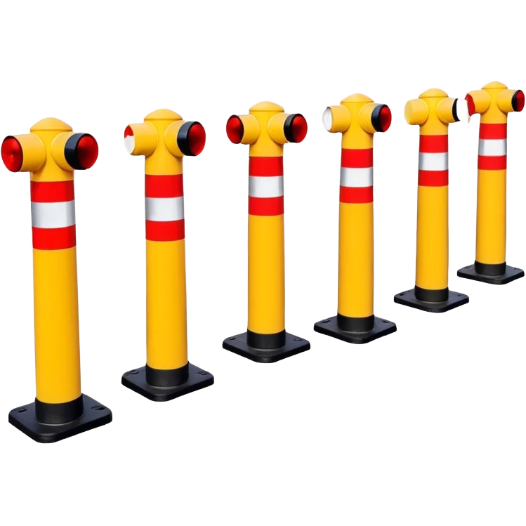 A boundary marked by a series of warning bollards lined up in a row, creating a clear division, with caution signs emphasizing the restricted area emoji