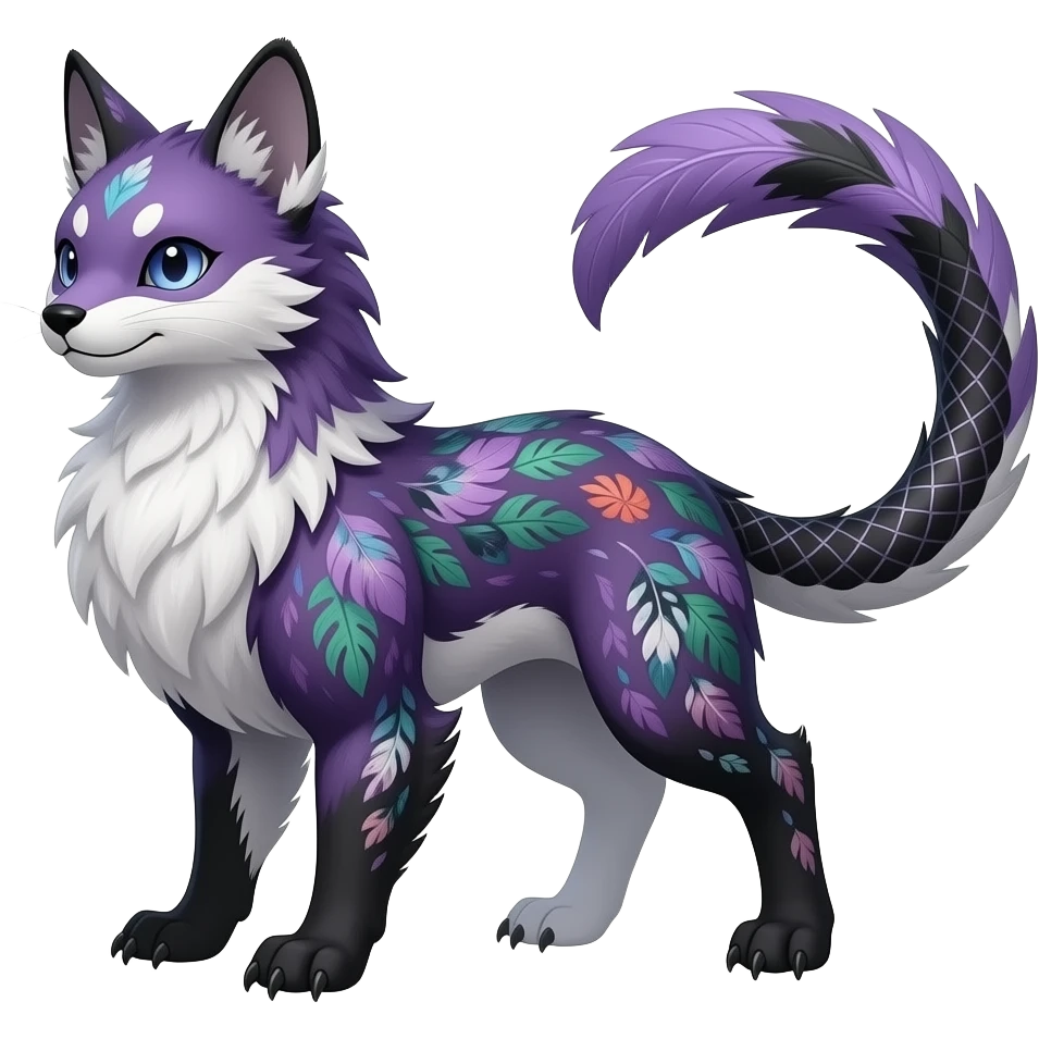 Grunge-patterned majestic feathery elegant realistic stylish Furry, feathery fluffy tropical flecked painted feathery scaly, Purple, white, black, Minccino-Bambino-Lykoi-Linoone-Zangoose-fusion-hybrid-animal-Fakémon-creature, full body, thin long sleek scaly tail, intricate markings emoji