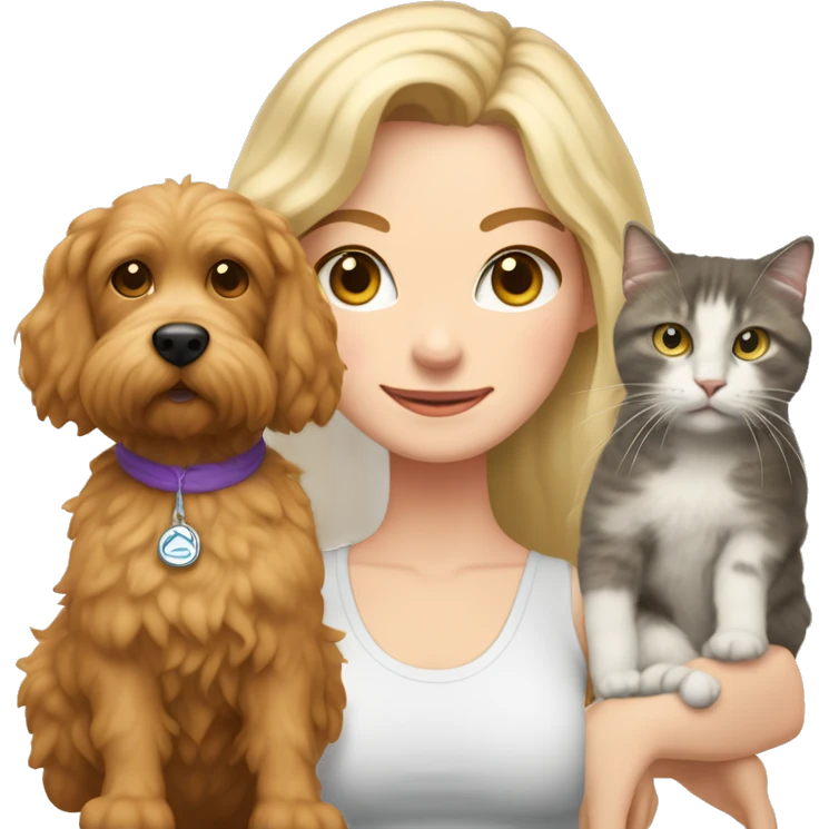 white woman with long blonde hair and cat shaped eyes wearing a yoga outfit standing alongside a tri-colored bernadoodle dog emoji