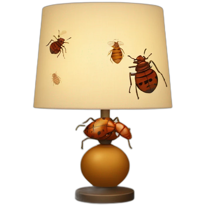 Design a bedside lamp with a lampshade adorned with bedbug decorations emoji