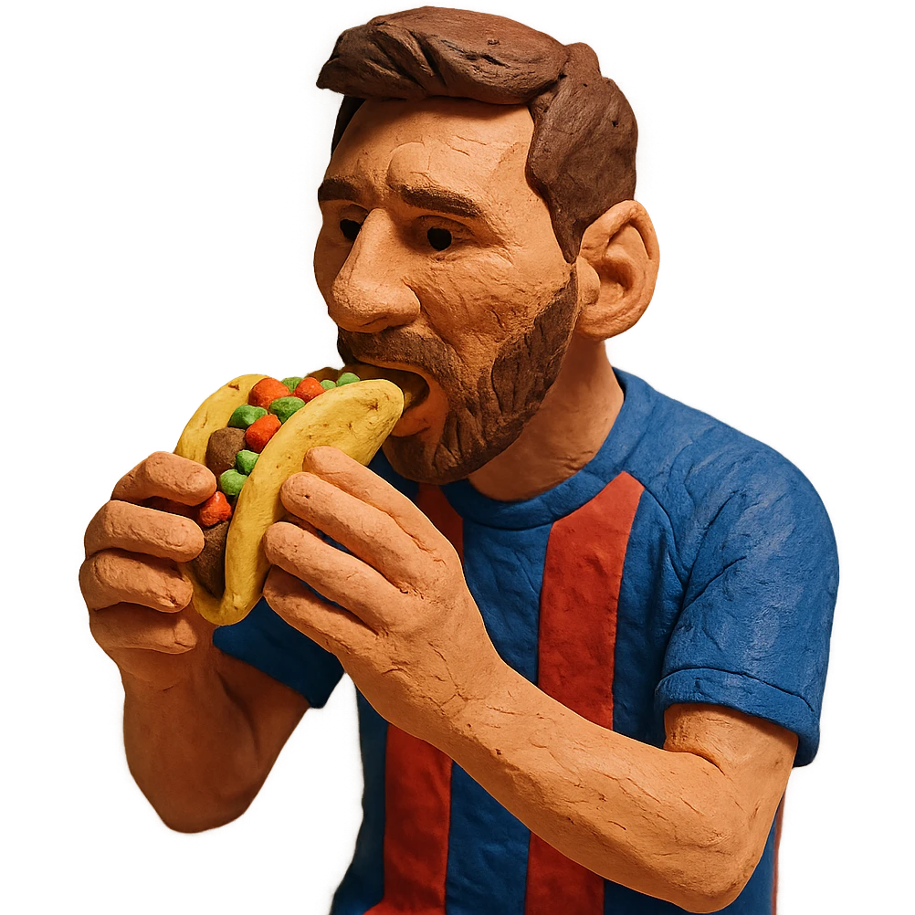claymation style Messi eating tacos emoji
