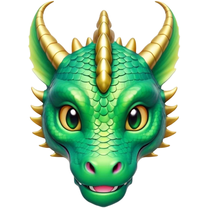 Cinematic Cute Dragon Portrait Emoji, Head tilted playfully and inquisitively, featuring a sleek, serpentine form adorned with iridescent scales that shift between emerald and gold, a delicate set of subtle horns, and round, sparkling eyes full of curious magic; rendered with realistic detail and warm natural light, high shine, affectionate and enchanting, styled with a touch of whimsical fantasy, soft glowing outline, capturing the essence of a mischievous yet lovable dragon that seems poised to slither playfully into your arms! emoji