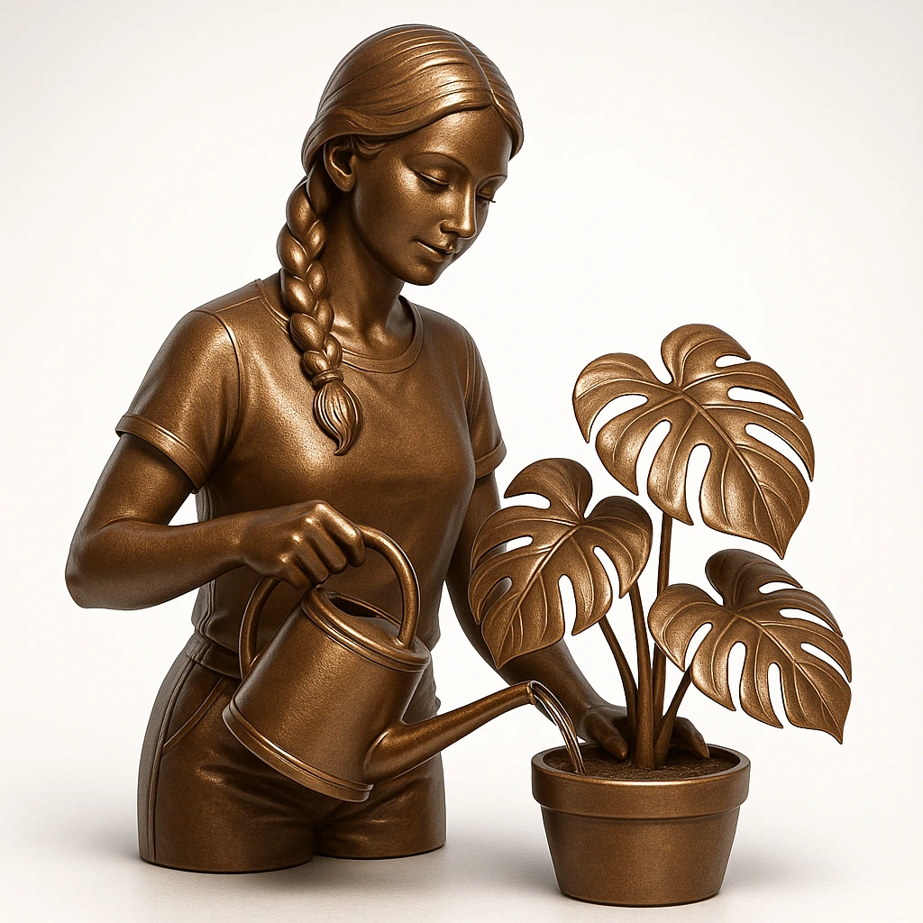 woman watering her monstera plant emoji