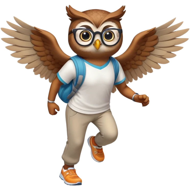 friendly anthropomorphised owl with visible wings, in pants and a shirt, wearing glasses, jogging upright, relaxed pose emoji