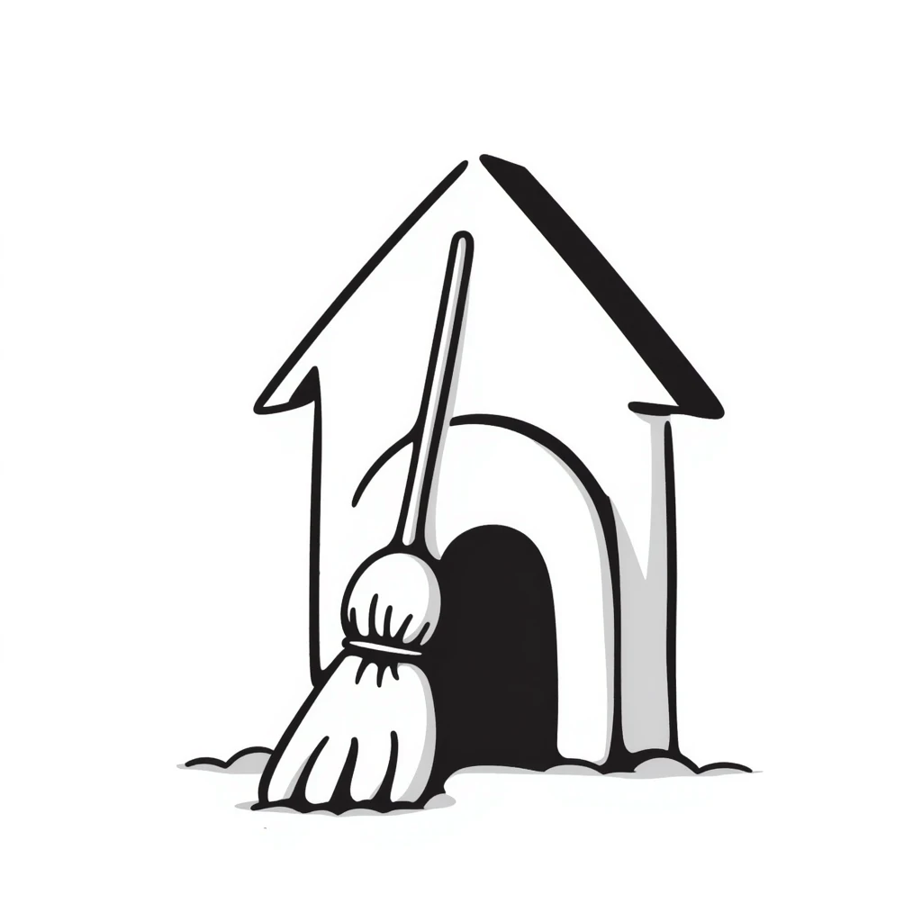 a hand drawn doodle of a broom in a doghouse emoji