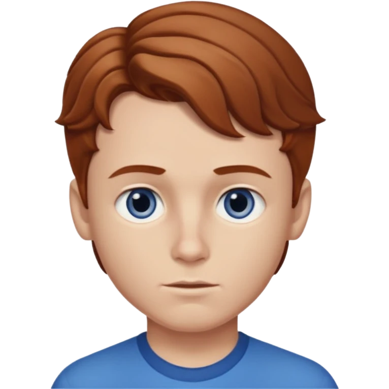 Please generate a portrait of a boy. He has light brown to reddish-brown wavy hair, a right side parting, slightly longer sideburns, blue eyes, a snub nose, and a somewhat pronounced pout. emoji
