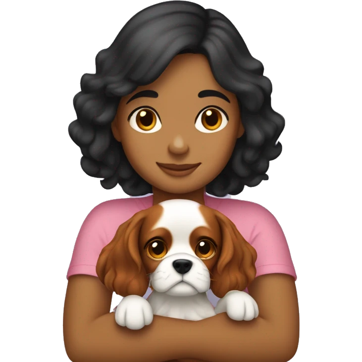 girl with short dark hair hugging cavalier king charles spaniel dog emoji