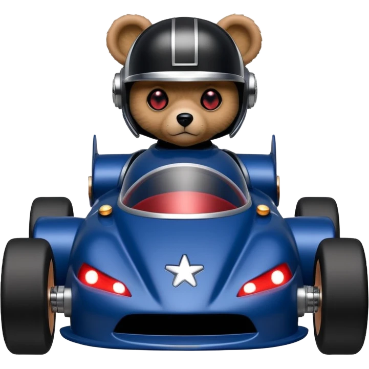 Real-looking dark blue and rosegold-accented  racing car for furry-faced  evil alien scary robot teddy bear with rear spoiler (Star Wars style) emoji