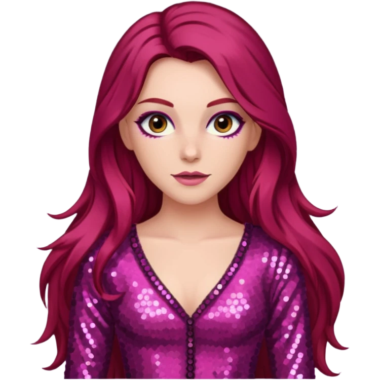 Chappell Roan (b.1998) with long dark red hair, dark pink sequin outfit, makeup emoji