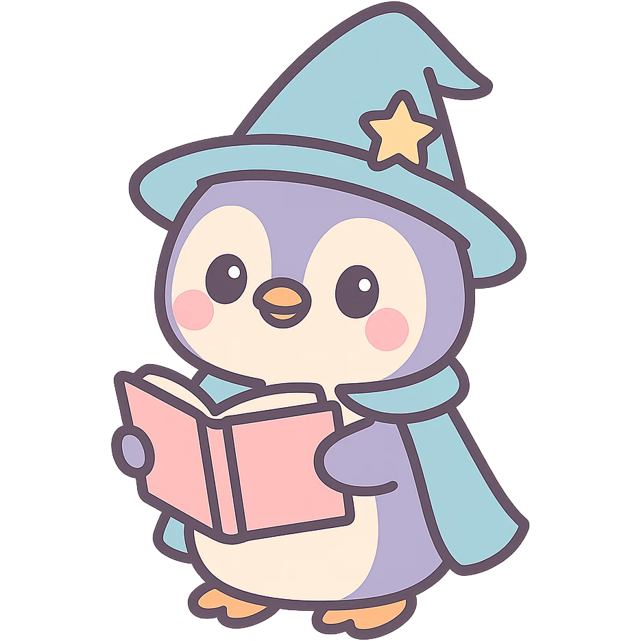 cute penguin dressed as a wizard holding an open spellbook emoji