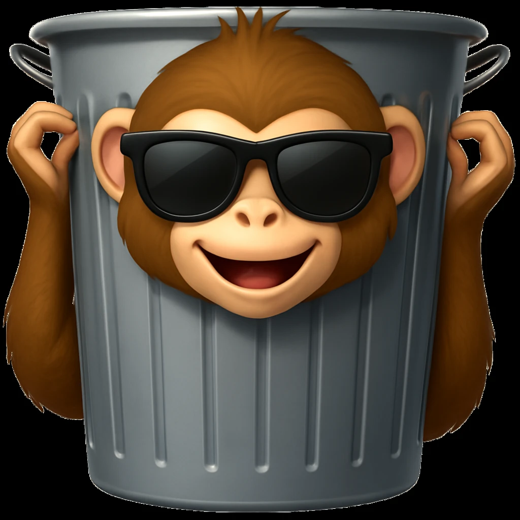 Add cool sunglasses to the silly monkey in the trash can, keeping the playful emoji style look. emoji