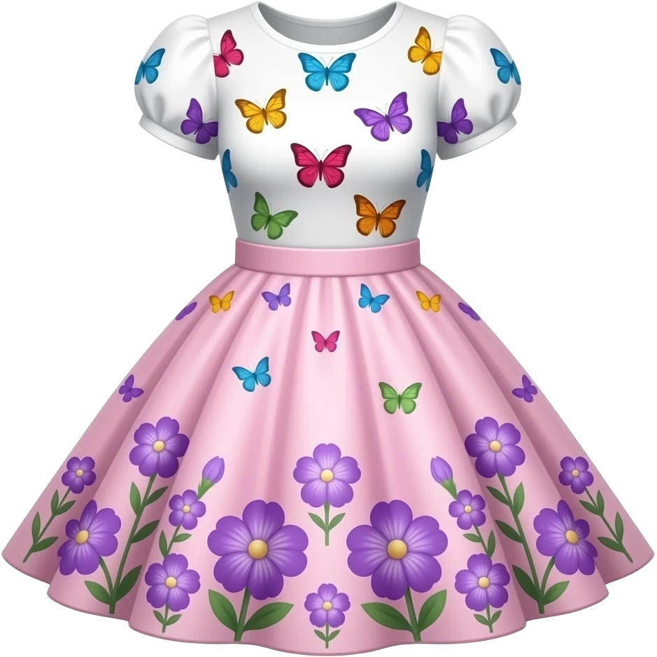 vestido de vuelo con parte sublanco con mariposas de clores y parte inferior rosa con flores violetas emoji