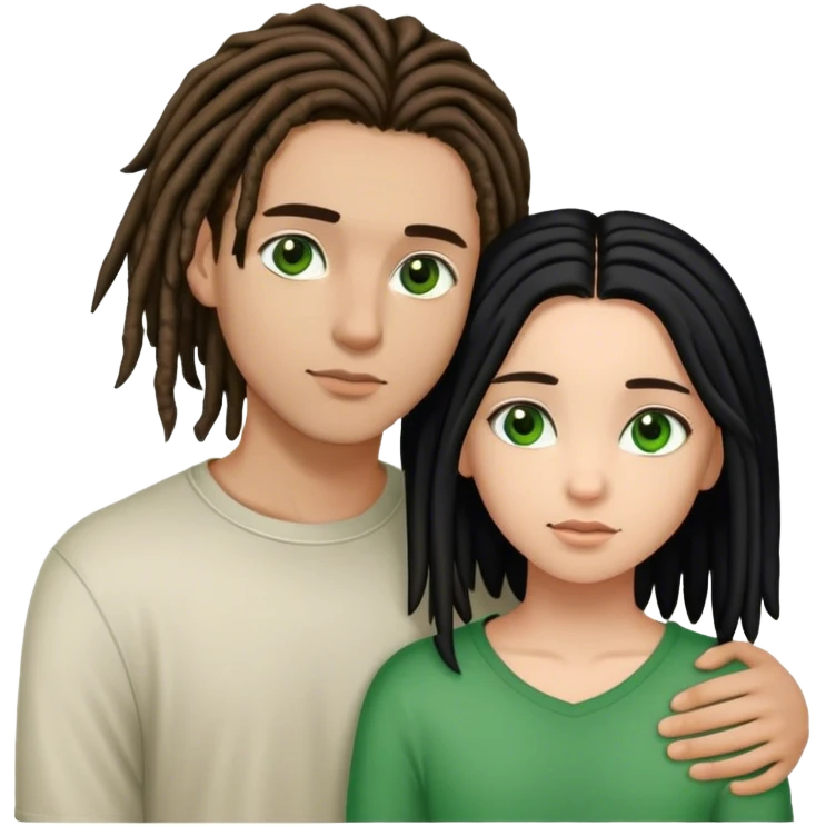 couple holding eachother. boy is light skinned, short brown dreads, and green eyes.girl is light skinned, long black hair slicked straight, and brown eyes. emoji