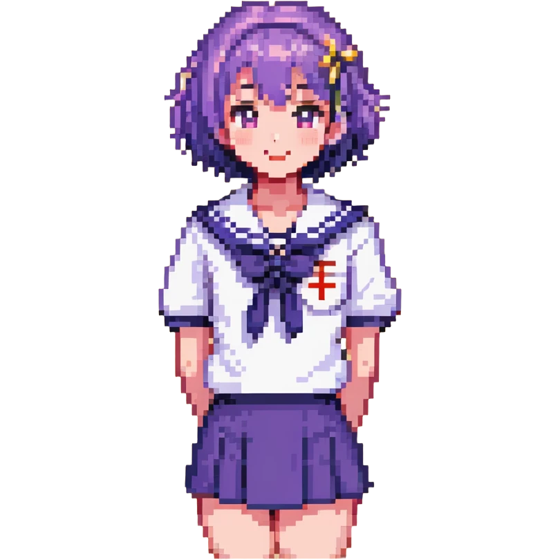 Pixel art anime girl with short bright purple hair wearing Japanese sailor style school uniform, composed posture with hand on hip but shyly waving with other hand, blushing face and timid smile, very shy expression emoji