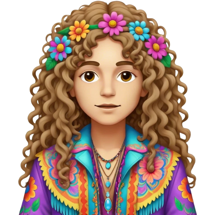 Create a 3D ultra detailed psychedelic colored hippie style flower border with a gorgeous hippie in the center with long curly hair and a fringed jacket emoji