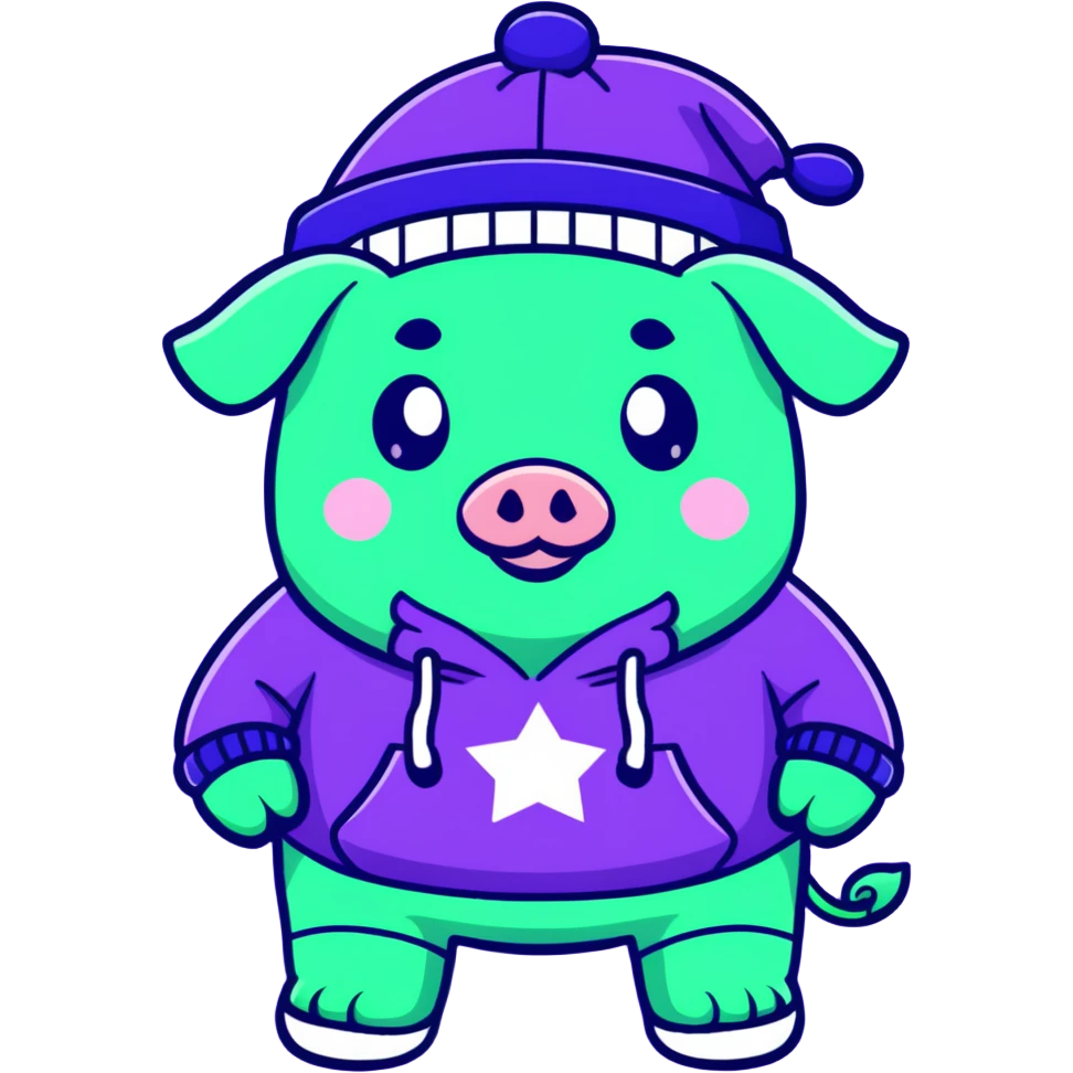 A green pig, in a purple sweatshirt, with a purple cap with a pattern of stars on his head emoji