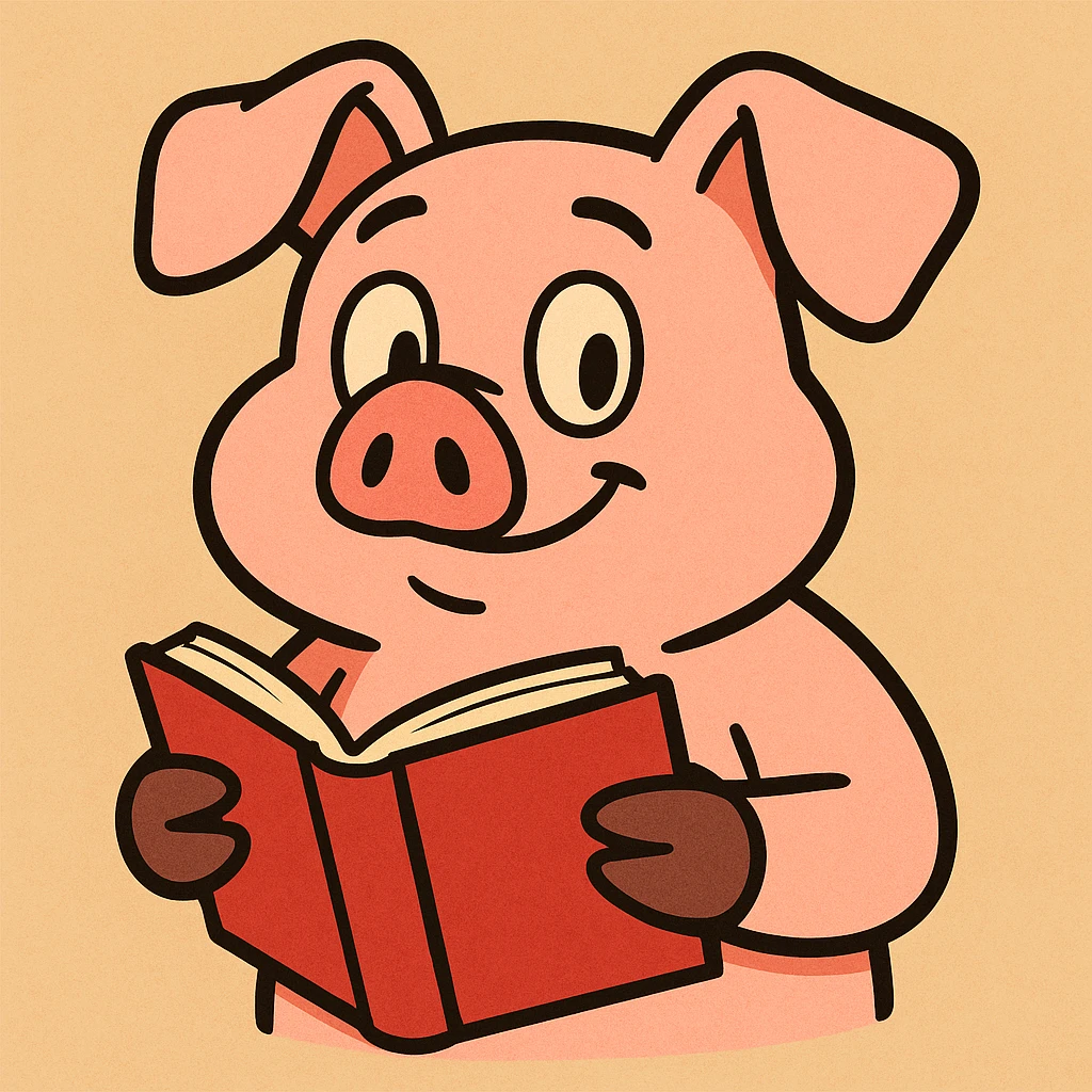 charming pig character holding a book, playful and cute, app icon for animal study emoji