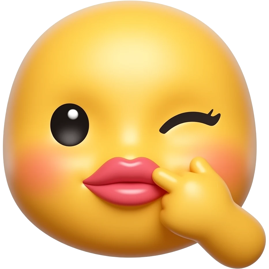 A cute 3D emoji sticker with a sassy confident expression, wink face, glossy lips, blushing cheeks, one hand near face, glossy yellow emoji face, clean white background, soft shadow, high quality, sticker style, no text, no watermark emoji