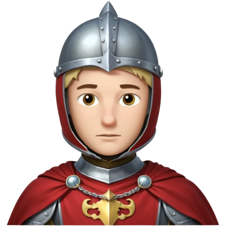 medieval knight horse rider portrait, head and shoulders only, polished steel armor collar, royal cape clasp, helmet partially visible, intense heroic eyes, fantasy medieval vibe, dramatic lighting, 3D cartoon, mobile game icon style, clean background, no text, no watermark
 emoji