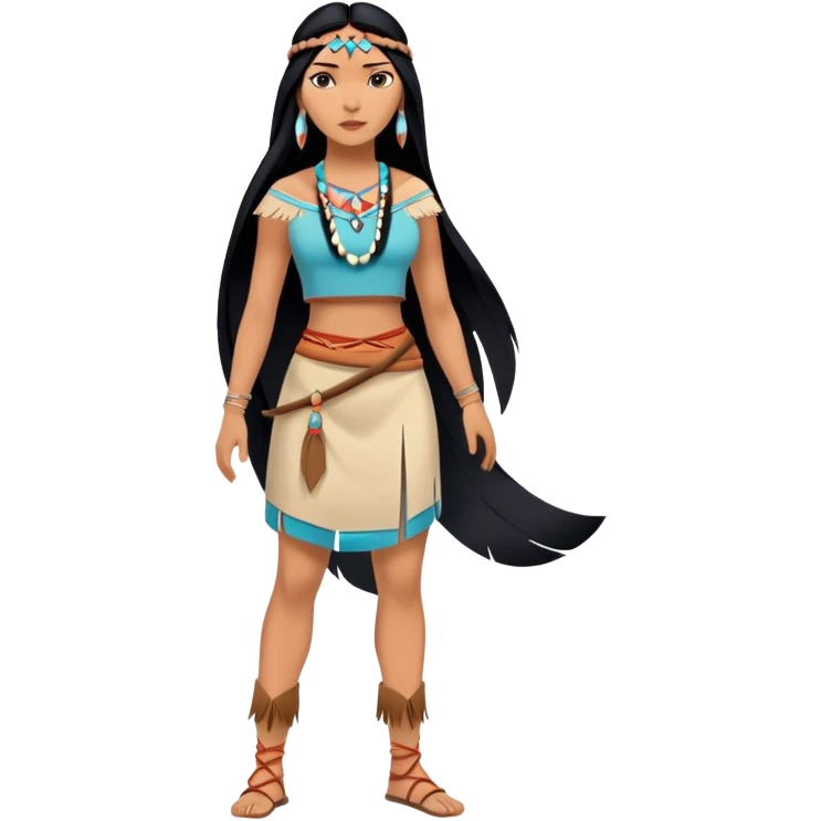 full body Pocahontas with Native American dress, long black hair, minimal style emoji