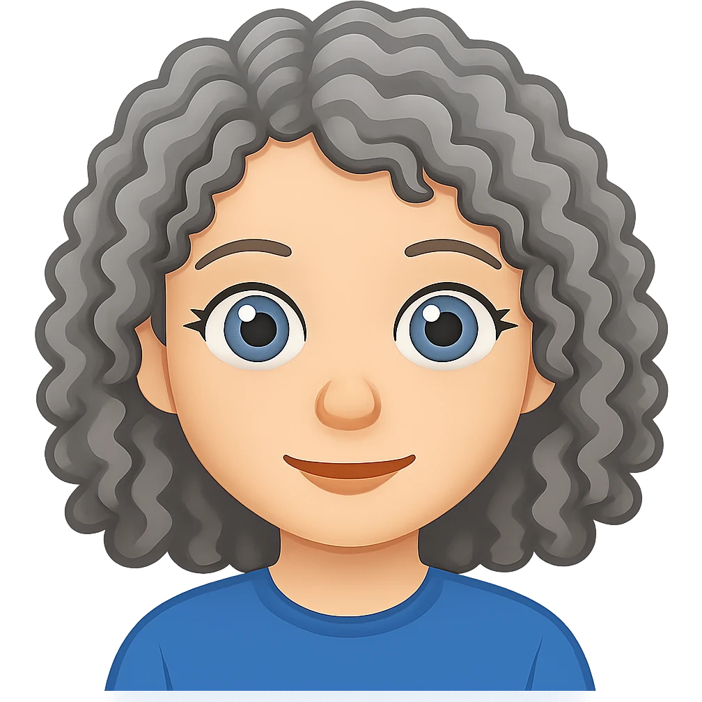 Create an emoji style image of a girl with grey, loose curly hair and blue eyes. The image should have no background. Emulate the emoji style in the design. emoji