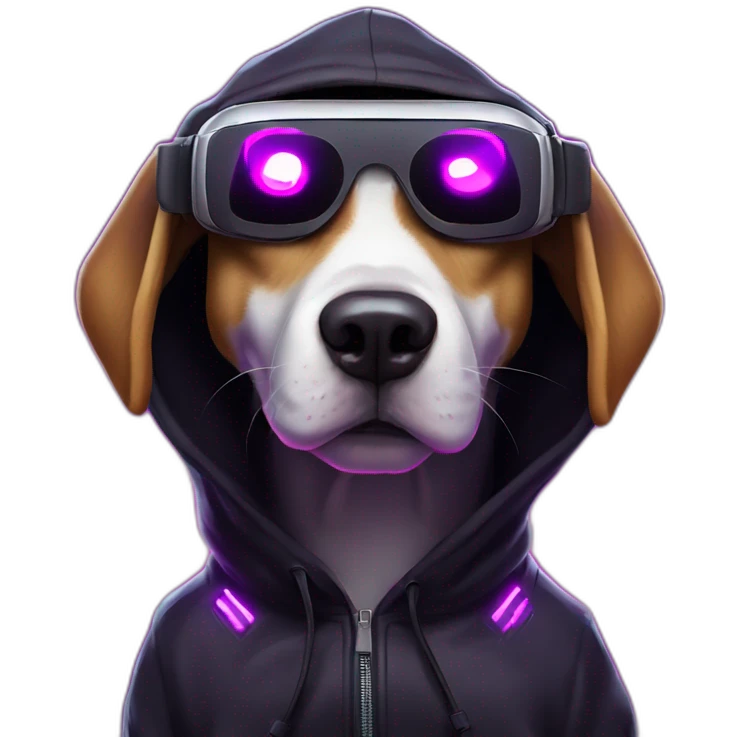 funny dog wearing a black hoodie with "OMG" letters on it and VR headset in a cyberpunk VR environment with violet neon lighting. emoji