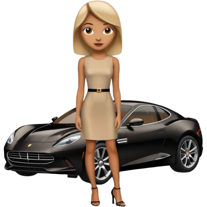 A fast, expensive black car with a young woman beside it emoji