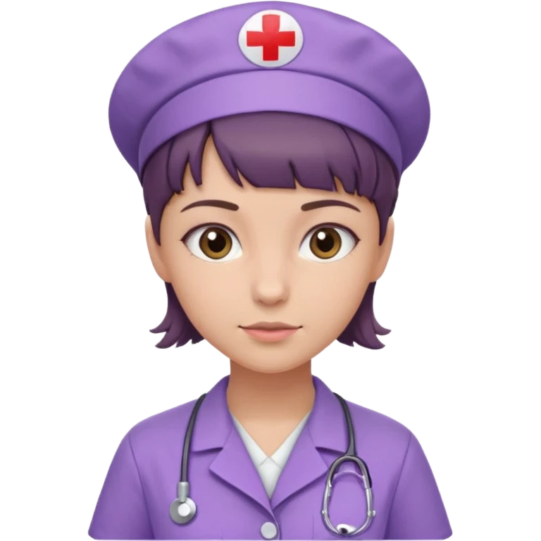 A young female slim nurse with short Brown hair with fringe over her forehead, wearing larvendar purple working cloth emoji