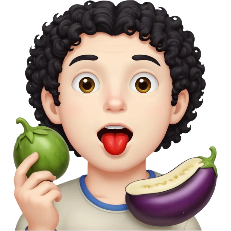 Black curly hair boy pale skin mout watering eating an eggplant with red cheeks emoji