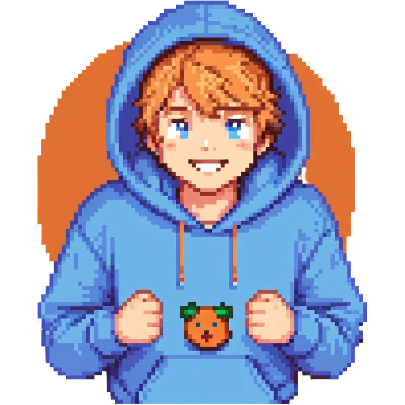 Mr. Beast, blue hoodie, cheerful expression emoji