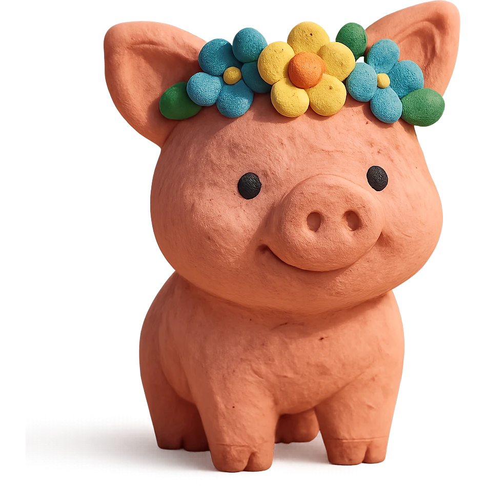playful and cute piglet with a flower crown, textured look, claymation style emoji