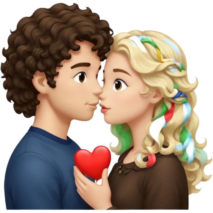 White Italian boy with dark brown wavy fluffy hair and blonde girl that's pale with wavy hair kissing emoji