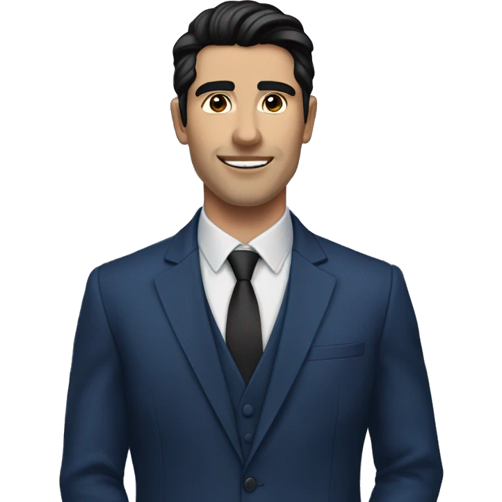 Handsome male, black hair, wearing dark blue suits, Background with buildings, white skin, pampadour cut with fade, Blue color background emoji