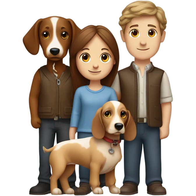 A couple (boy and girl) with a spaniel called spencer and a sausage dog called ludo  emoji
