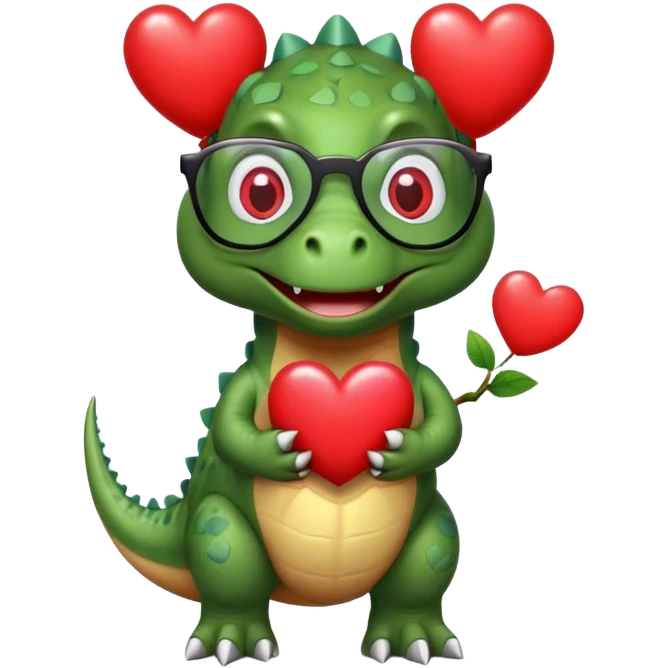 dinosaur in glasses holding hearts emoji