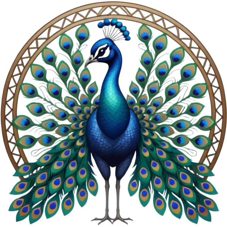 Must be 4k hd quailty, must have no emoji faces, must have no emoji icons, must have no human figures. Art Nouveau poster design featuring a peacock with iridescent feathers spreading into intricate geometric patterns emoji