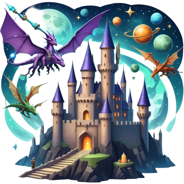 Icon for Fantasy and Sci-Fi Movies: A magical collage with flying dragons and futuristic spaceships. Stars and planets shimmer in the background with a mystical castle Hogvards and an ancient wizard holding a staff. The atmosphere is epic, otherworldly and adventurous. Transparent background. emoji