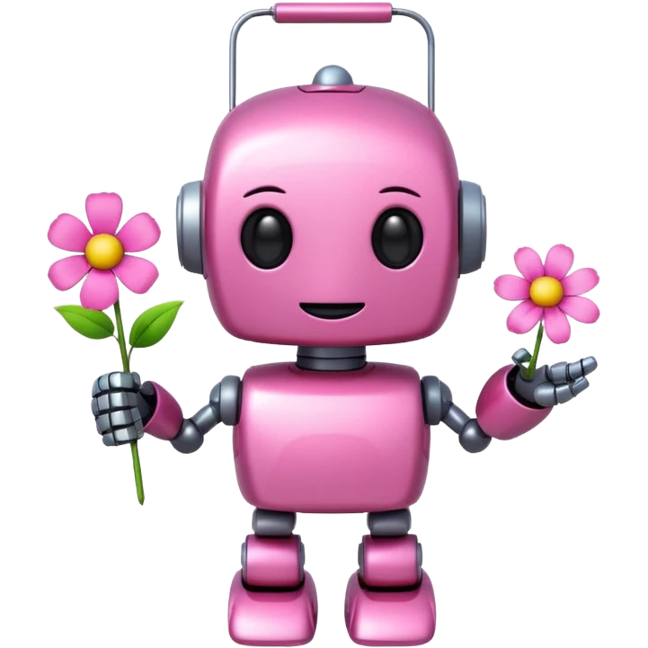 pink cute robot, holding a flower, cheerful emoji