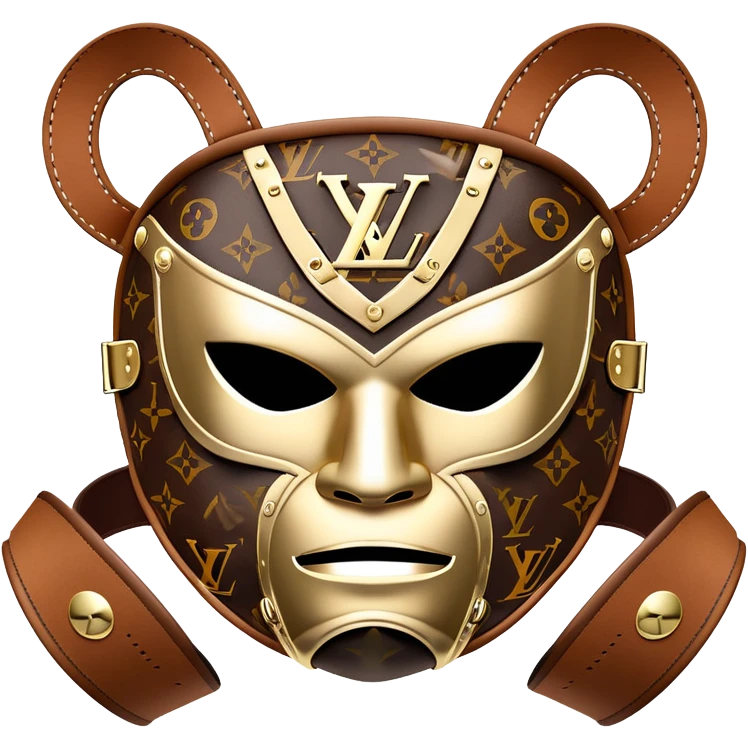 luxury Louis Vuitton luchador mask with LV monogram pattern and brown leather emoji