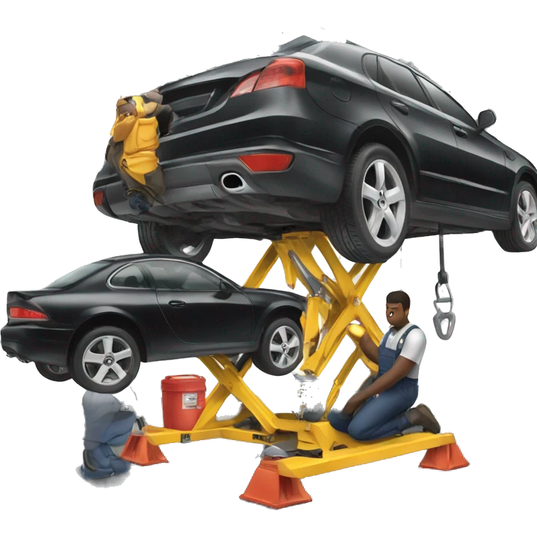 Black mechanic under a car on a lift emoji