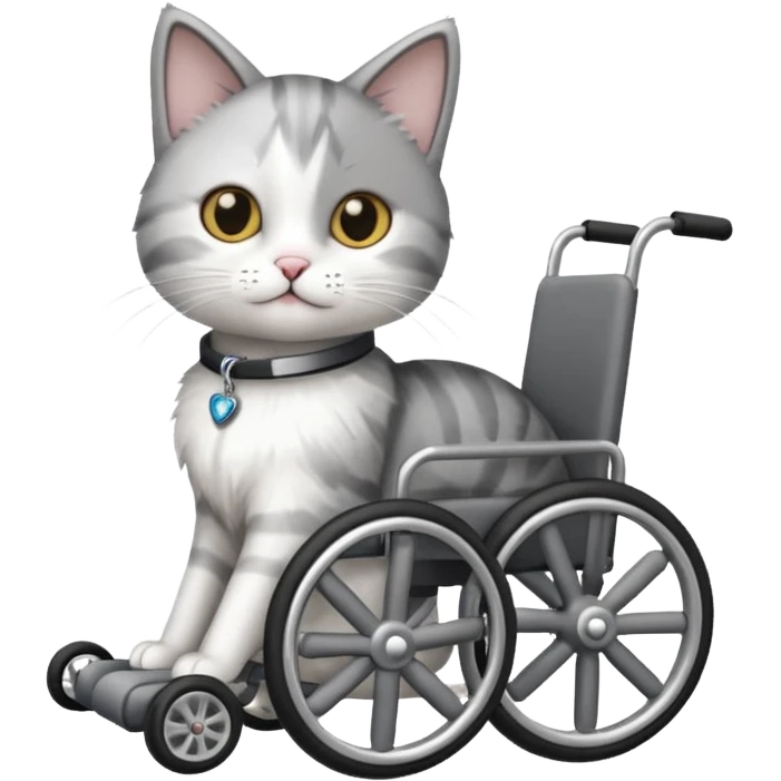disabled grey and white small cat using cat specific wheelchair emoji