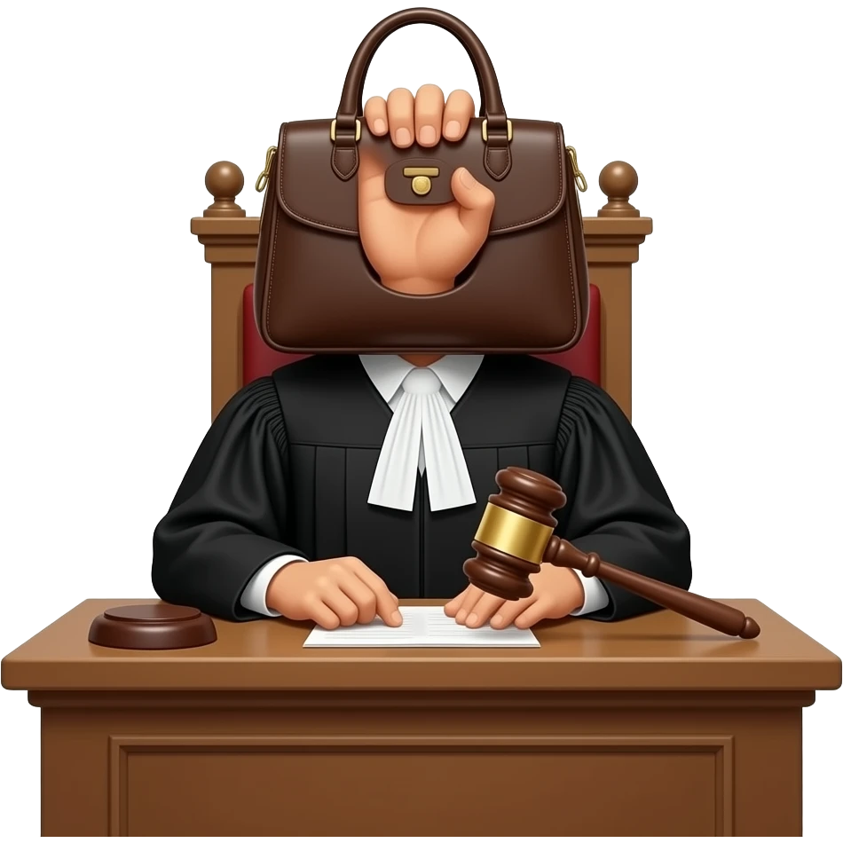 "Surreal courtroom scene, a judge wearing a handbag as a face, black judicial robe, sitting behind a wooden bench with a gavel. Cinematic lighting, detailed, slightly humorous and mysterious." emoji