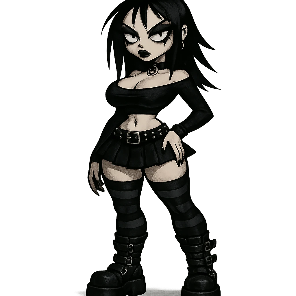 goth girl with exaggerated proportions in a dark, edgy style emoji