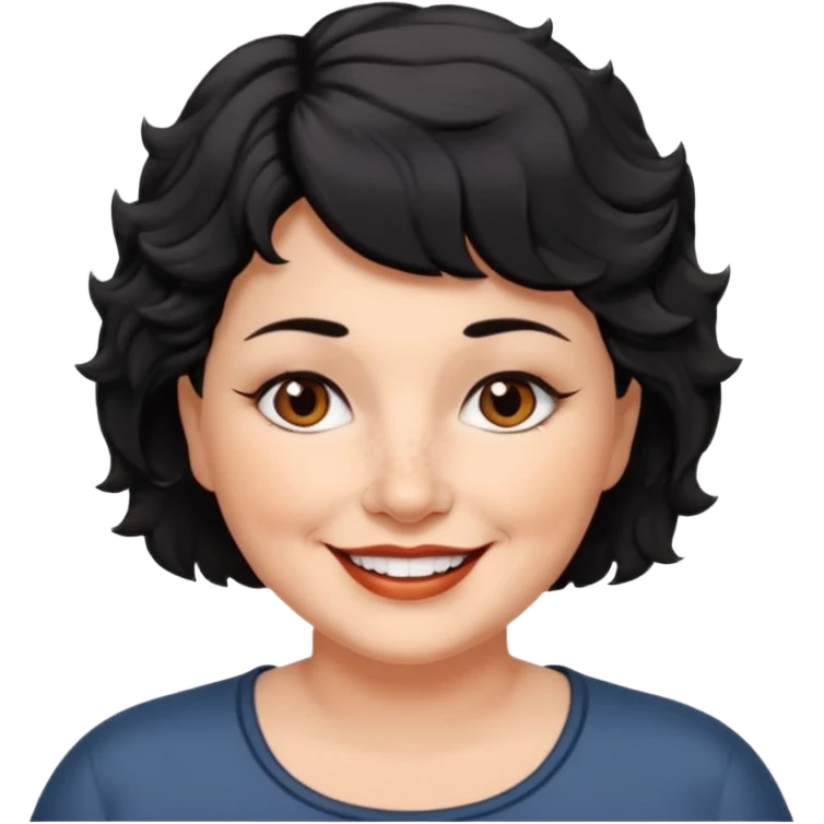 woman 60, brown eyes, very short black wavy wolf cut hair, chubby smile no lipstick emoji