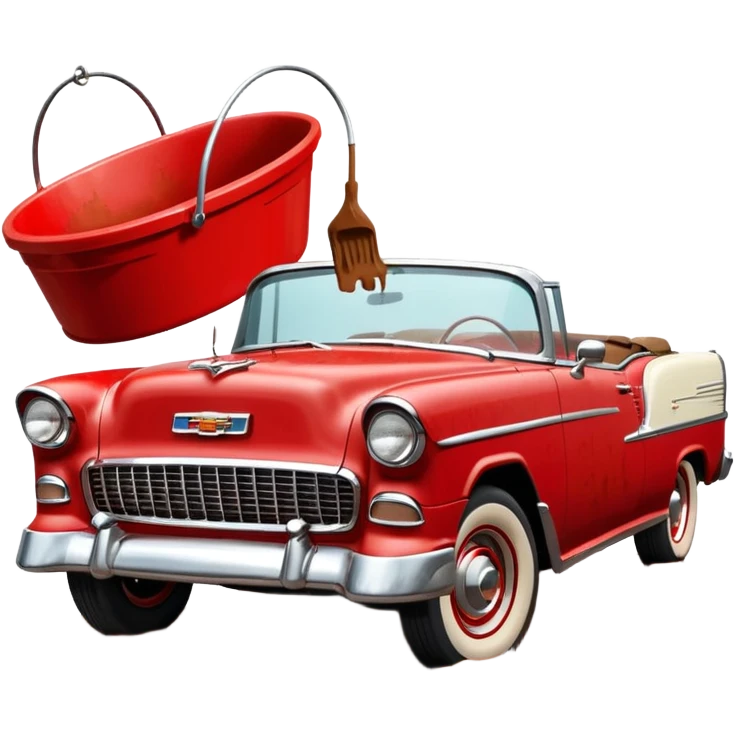 1955 Chevrolet Bel Air Convertible, Red-White color, with a bucket of brown mud pouring down on it, and the car itself is covered in brown mud on the sides that has stuck. 32x32 pixels, aspect ratio: 1:1 emoji